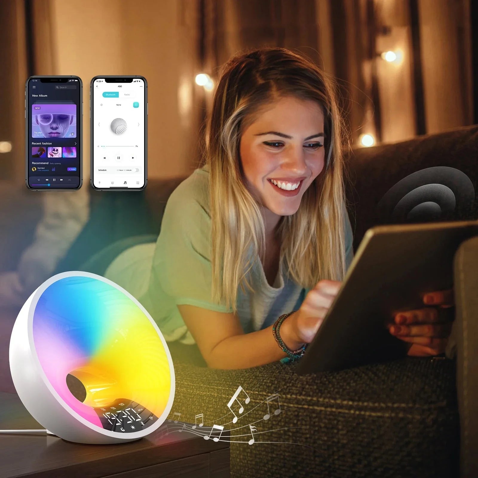 Réveil rond blanc LED multicolore avec affichage numérique -  - reveil-luminotherapie-aube - ["bluetooth","lumineux","luminoth\u00e9rapie","Radio R\u00e9veil Lumineux","R\u00e9veil bluetooth"]