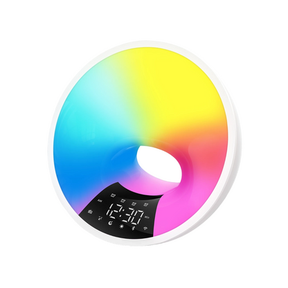 Réveil rond blanc LED multicolore avec affichage numérique -  - reveil-luminotherapie-aube - ["bluetooth","lumineux","luminoth\u00e9rapie","Radio R\u00e9veil Lumineux","R\u00e9veil bluetooth"]