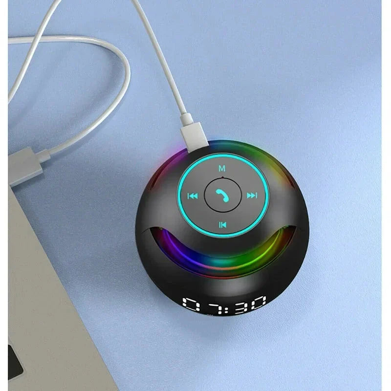 Réveil rond noir avec éclairage bleu et MP3 -  - reveil-luminotherapie-avec-mp3 - ["bluetooth","luminoth\u00e9rapie","R\u00e9veil bluetooth","veilleuse"]