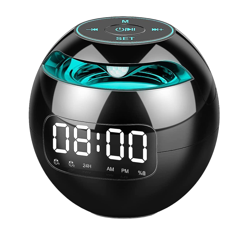 Réveil rond noir avec éclairage bleu et MP3 -  - reveil-luminotherapie-avec-mp3 - ["bluetooth","luminoth\u00e9rapie","R\u00e9veil bluetooth","veilleuse"]