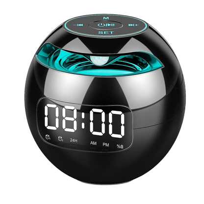 Réveil rond noir avec éclairage bleu et MP3 -  - reveil-luminotherapie-avec-mp3 - ["bluetooth","luminoth\u00e9rapie","R\u00e9veil bluetooth","veilleuse"]