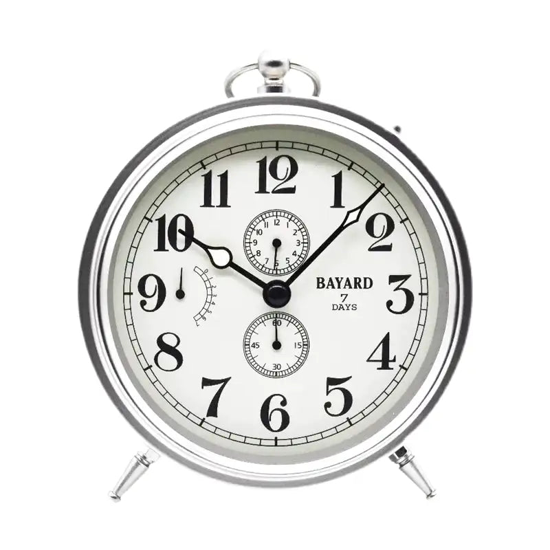 Réveil mécanique argenté avec dateur rétro -  - reveil-mecanique-vintage - ["Jour Nuit"]