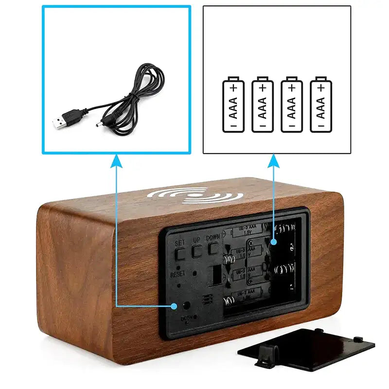 Réveil minimaliste en bois clair avec LED et chargeur induction -  - reveil-bois-chargeur-induction - ["bois","connect\u00e9","digital","num\u00e9rique","petit reveil","radio reveil bois","r\u00e9veil digital","simple"]