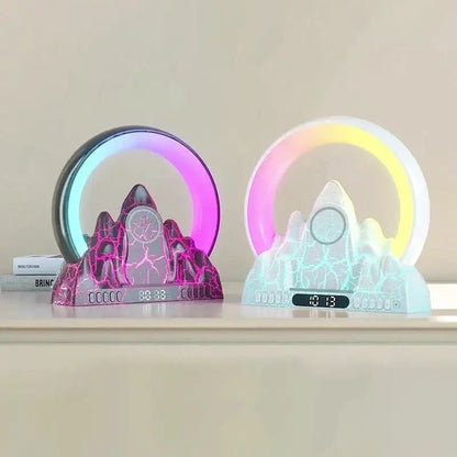 Réveil montagne LED marbré rose et noir -  - reeil-luminotherapie-enfant - ["bluetooth","enfant","luminoth\u00e9rapie","R\u00e9veil bluetooth","r\u00e9veil enfant","veilleuse"]