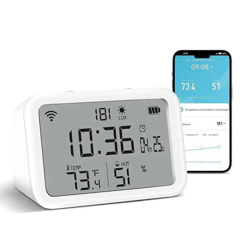 Réveil numérique blanc avec température et humidité intégrées -  - reveil-connecte-google - ["connect\u00e9","digital","num\u00e9rique","simple"]