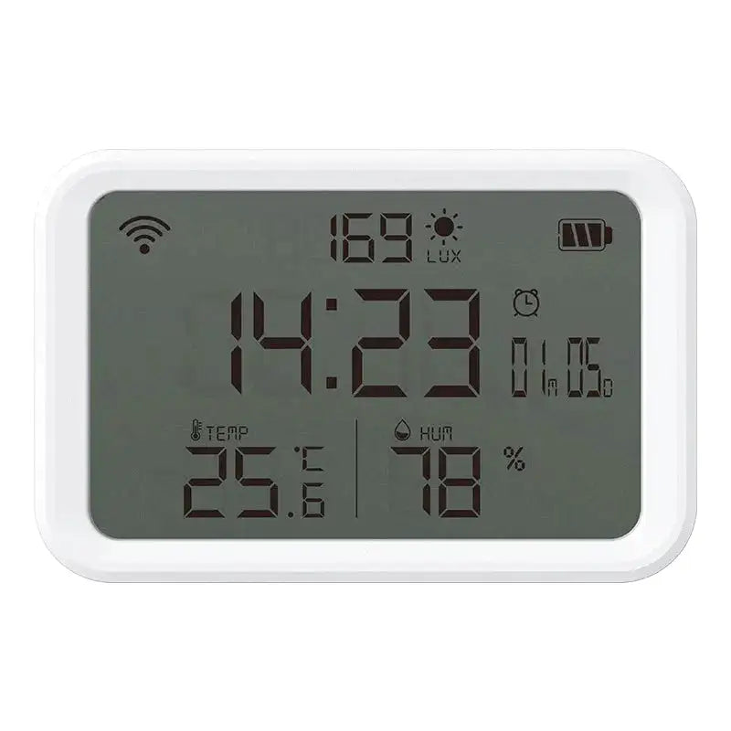 Réveil numérique blanc avec température et humidité intégrées -  - reveil-connecte-google - ["connect\u00e9","digital","num\u00e9rique","simple"]