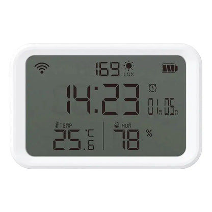 Réveil numérique blanc avec température et humidité intégrées -  - reveil-connecte-google - ["connect\u00e9","digital","num\u00e9rique","simple"]