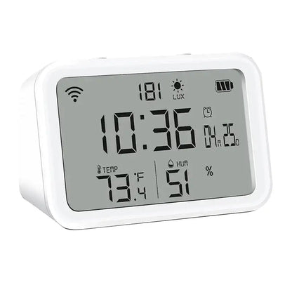 Réveil numérique blanc avec température et humidité intégrées -  - reveil-connecte-google - ["connect\u00e9","digital","num\u00e9rique","simple"]