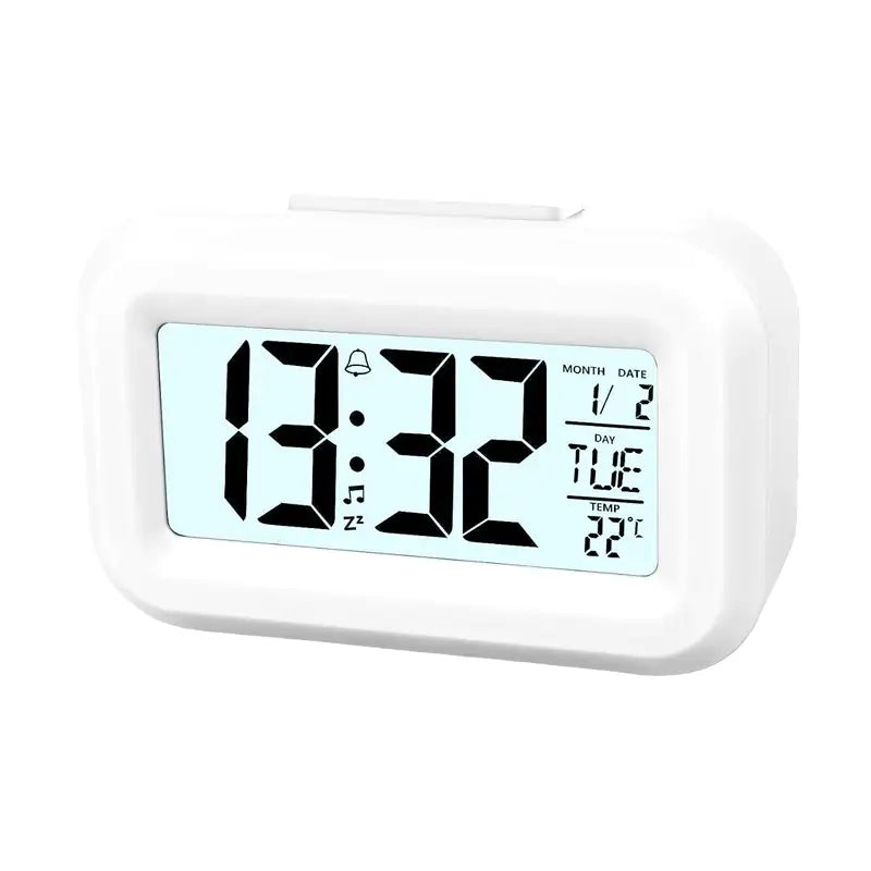 Réveil numérique blanc rectangulaire avec affichage multifonction -  - reveil-de-voyage-a-piles-boutons - ["digital","lumineux","num\u00e9rique","petit reveil","r\u00e9veil digital","simple"]