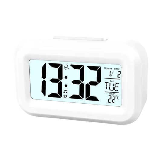 Réveil numérique blanc rectangulaire avec affichage multifonction -  - reveil-de-voyage-a-piles-boutons - ["digital","lumineux","num\u00e9rique","petit reveil","r\u00e9veil digital","simple"]