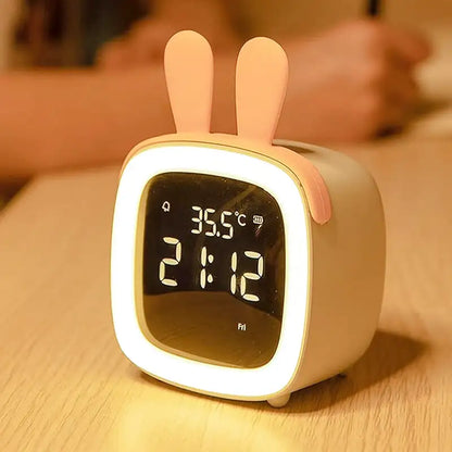 Réveil numérique gris mat avec oreilles de lapin roses -  - reveil-veilleuse-lapin - ["veilleuse"]