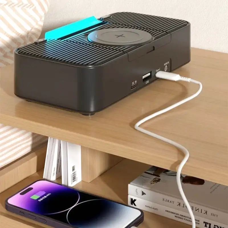 Réveil numérique noir avec chargeur induction et enceinte intégrée -  - reveil-enceinte-chargeur-induction - ["chargeur induction","connect\u00e9","digital","lumi\u00e8re","l\u00e9ger","num\u00e9rique","petit","r\u00e9veil connect\u00e9","r\u00e9veil digital","simple"]