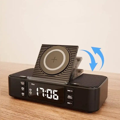 Réveil numérique noir avec chargeur induction et enceinte intégrée -  - reveil-enceinte-chargeur-induction - ["chargeur induction","connect\u00e9","digital","lumi\u00e8re","l\u00e9ger","num\u00e9rique","petit","r\u00e9veil connect\u00e9","r\u00e9veil digital","simple"]