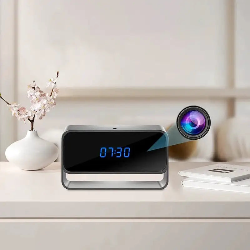 Réveil numérique noir brillant avec caméra intégrée -  - reveil-camera-espion-avec-vision-nocturne - ["camera espion","connect\u00e9","num\u00e9rique","r\u00e9veil digital","simple"]