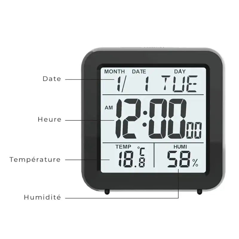Réveil numérique noir mat avec écran LCD multifonction -  - reveil-de-voyage-affichage-permanent - ["num\u00e9rique","petit","petit reveil","plastique","r\u00e9veil digital","simple"]