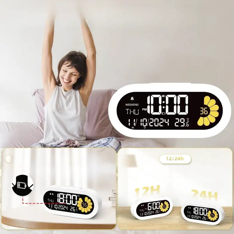 Réveil numérique ovale blanc avec fleur décorative -  - reveil-numerique-design - []