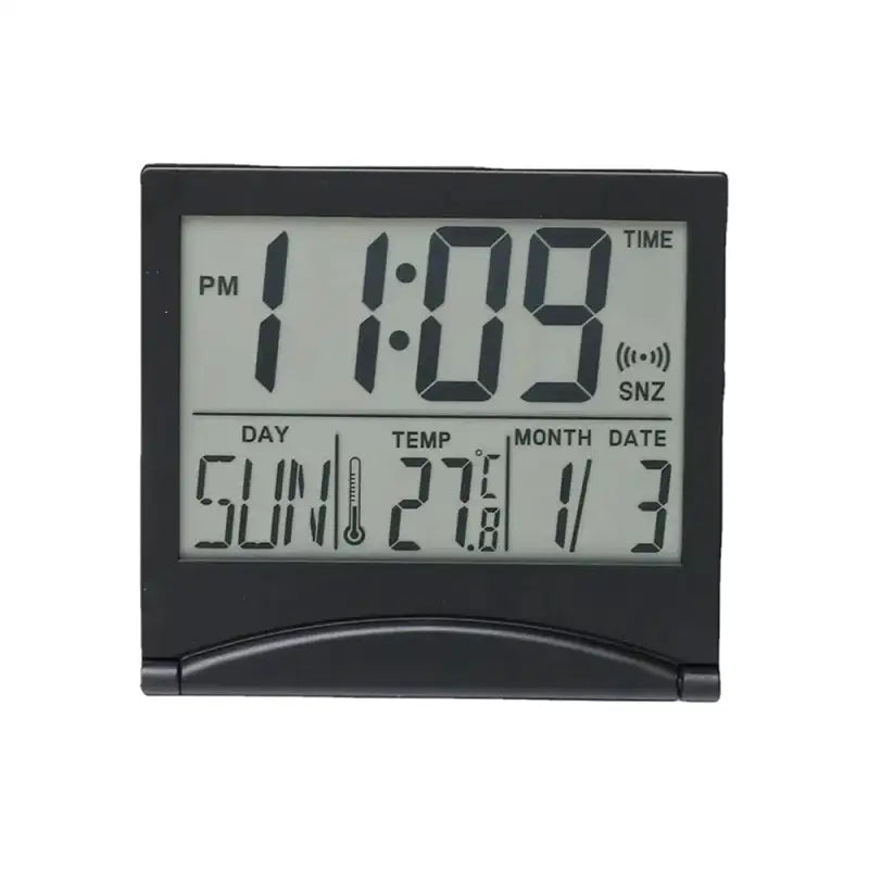 Réveil numérique pliable noir avec affichage multifonction -  - reveil-de-voyage-pliable - ["digital","num\u00e9rique","petit reveil","plastique","r\u00e9veil digital","simple","voyage"]