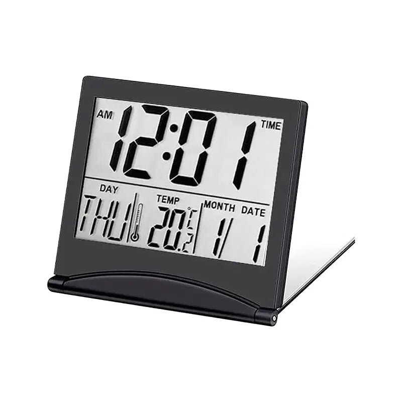 Réveil numérique pliable noir avec affichage multifonction -  - reveil-de-voyage-pliable - ["digital","num\u00e9rique","petit reveil","plastique","r\u00e9veil digital","simple","voyage"]