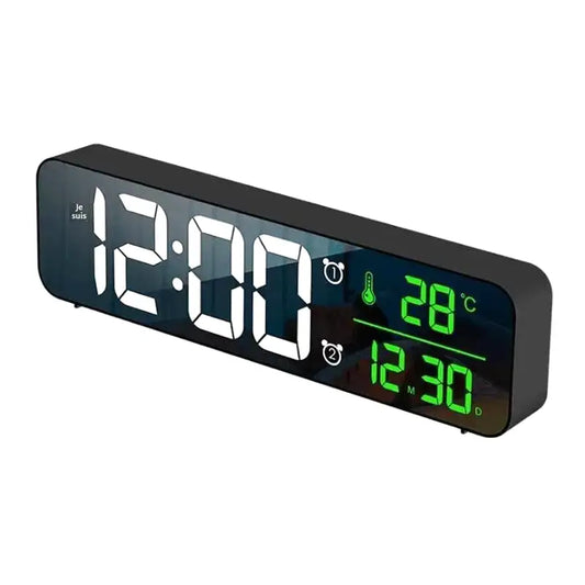 Réveil numérique rectangulaire noir à affichage LED vert -  - reveil-digital-avec-date-et-temperature - ["compact","digital","moderne","num\u00e9rique","petit","r\u00e9veil digital","simple"]