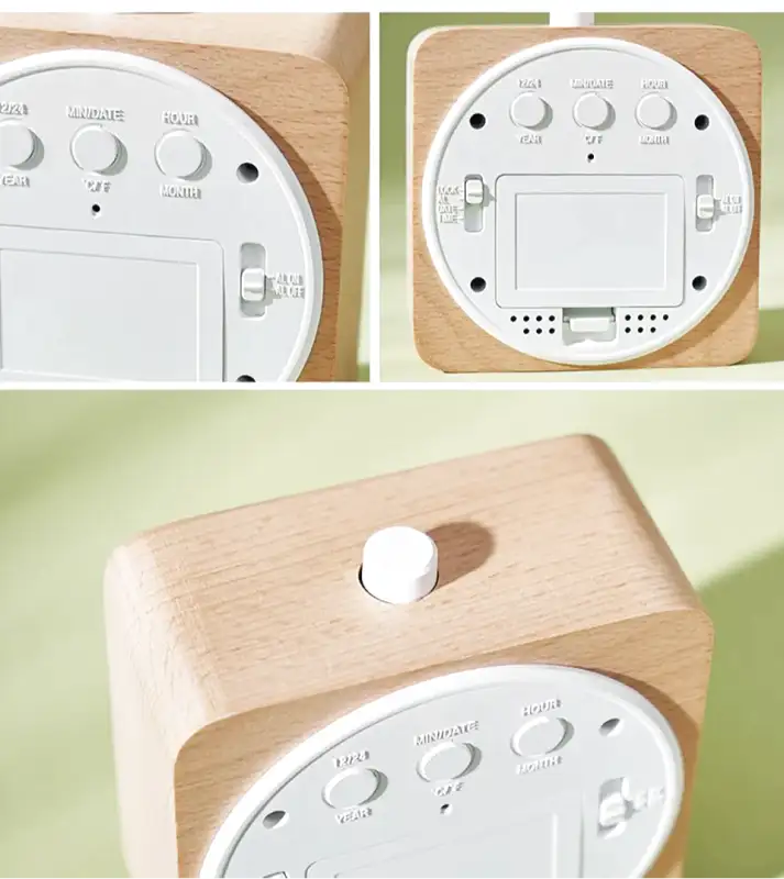 Réveil numérique rond bois clair et vert menthe -  - reveil-bois-numerique - ["bois","digital","lumineux","naturel","num\u00e9rique","radio reveil bois","r\u00e9veil digital","simple"]