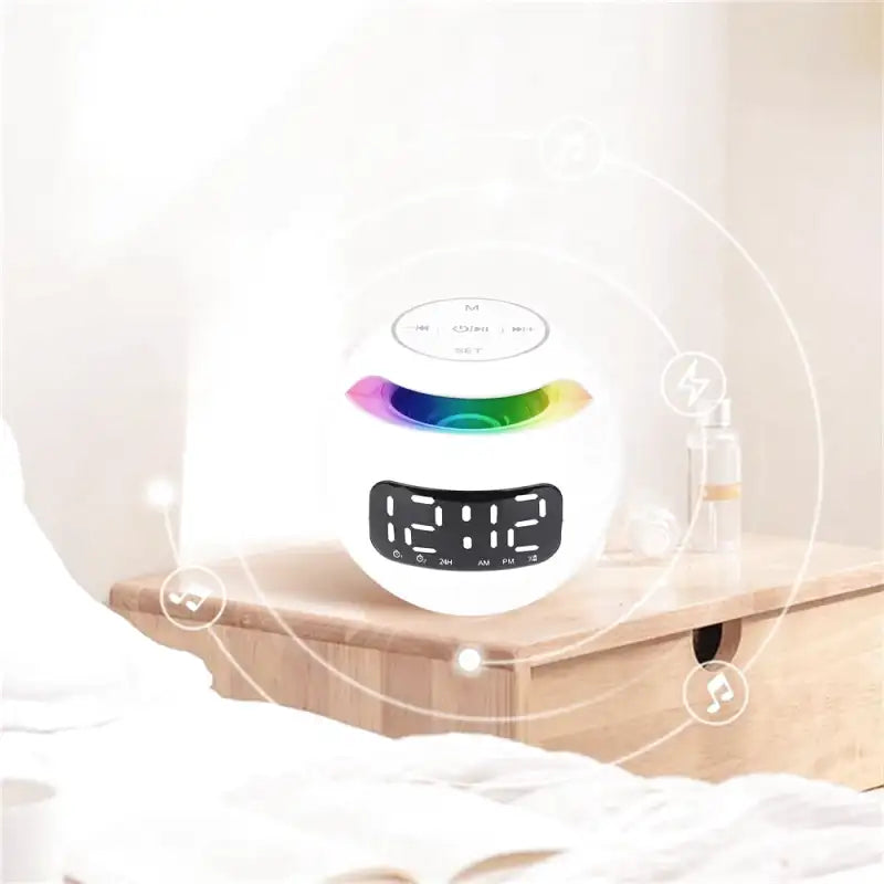 Réveil numérique sphérique blanc avec éclairage arc-en-ciel -  - reveil-luminotherapie-double-alarme - ["bluetooth","luminoth\u00e9rapie","R\u00e9veil bluetooth","veilleuse"]