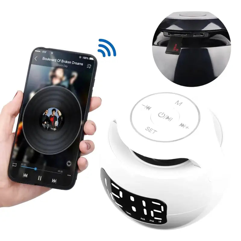 Réveil numérique sphérique blanc avec éclairage arc-en-ciel -  - reveil-luminotherapie-double-alarme - ["bluetooth","luminoth\u00e9rapie","R\u00e9veil bluetooth","veilleuse"]