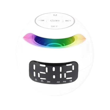 Réveil numérique sphérique blanc avec éclairage arc-en-ciel -  - reveil-luminotherapie-double-alarme - ["bluetooth","luminoth\u00e9rapie","R\u00e9veil bluetooth","veilleuse"]