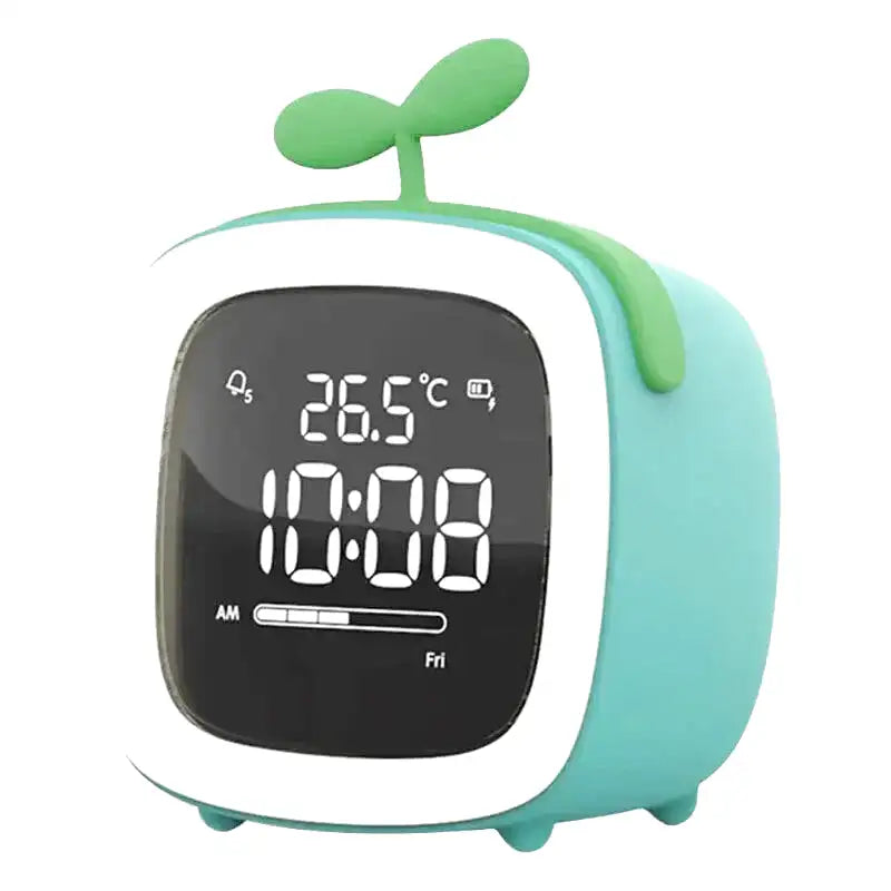 Réveil numérique vert pastel avec pousse décorative -  - reveil-veilleuse-enfant - ["enfant","r\u00e9veil enfant","veilleuse"]