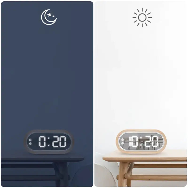 Réveil ovale en bois clair à affichage LED -  - reveil-bois-led - ["bois","digital","num\u00e9rique","petit reveil","radio reveil","radio reveil bois","r\u00e9veil digital","simple"]
