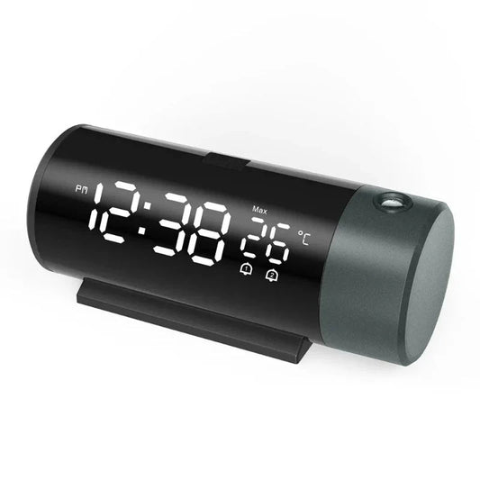 Réveil projecteur cylindrique noir mat à affichage LED -  - reveil-projecteur-plafond - ["projecteur","radio reveil projecteur","r\u00e9veil projecteur"]