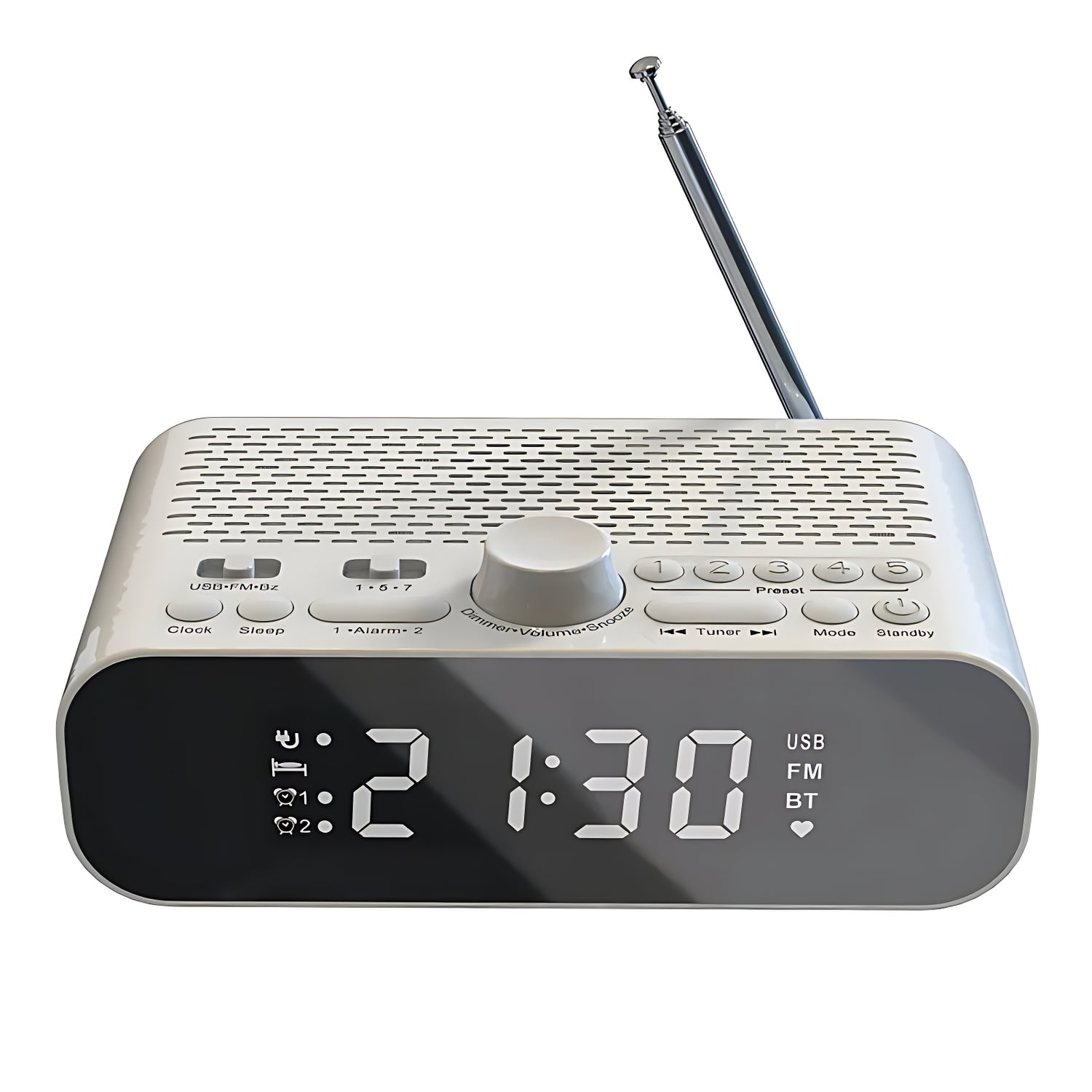 Réveil radio numérique gris avec grand écran LED -  - reveil-simple-avec-radio-pour-senior - ["bluetooth","Jour Nuit","R\u00e9veil bluetooth"]