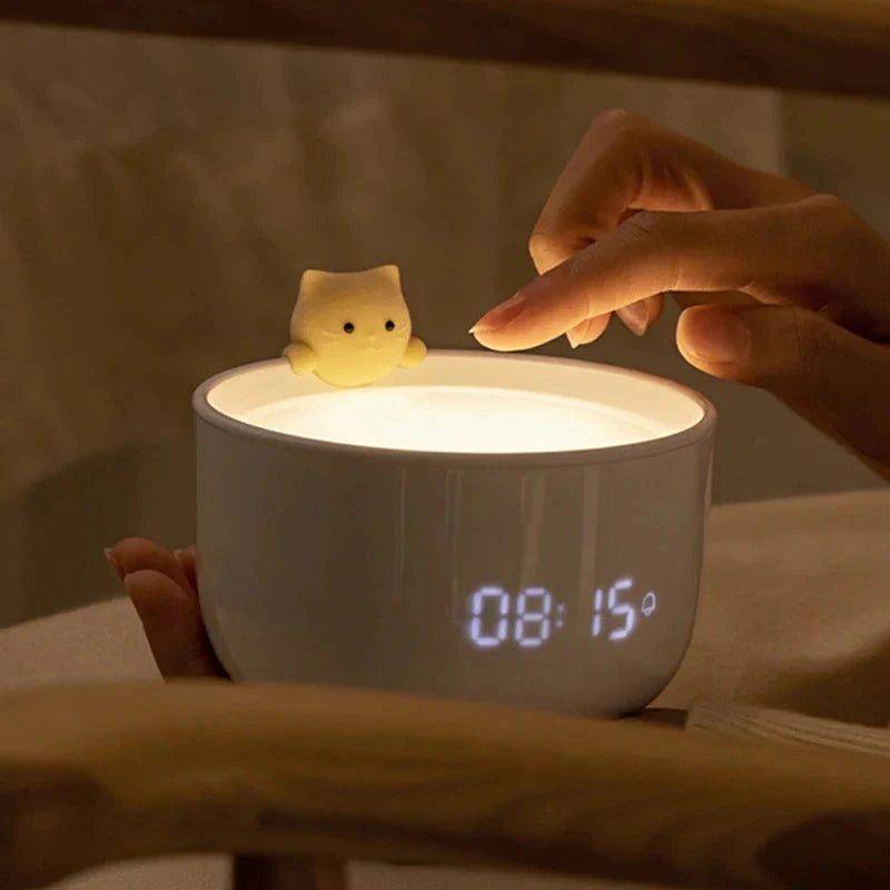 Réveil bol blanc avec figurine chat doré -  - reveil-veilleuse-lampe - ["chat","veilleuse"]