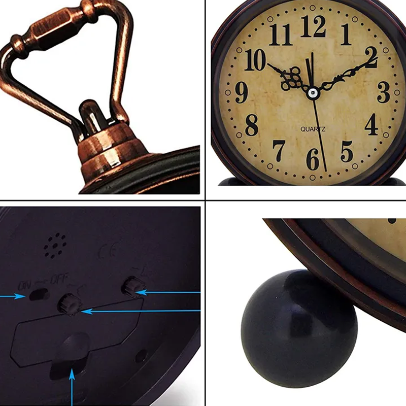 Réveil rond en métal vieilli style rétro -  - reveil-horloge-vintage - ["analogique","Jour Nuit","R\u00e9veil Analogique"]