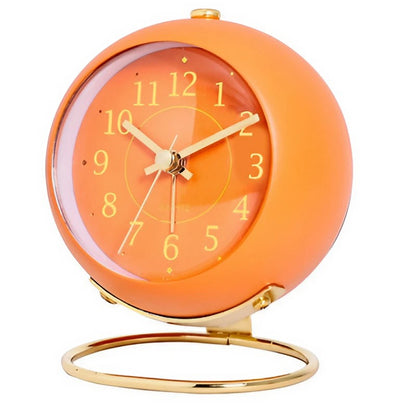 Réveil rond orange brillant avec base dorée -  - reveil-vintage-orange - ["analogique","Jour Nuit","R\u00e9veil Analogique","voyage"]